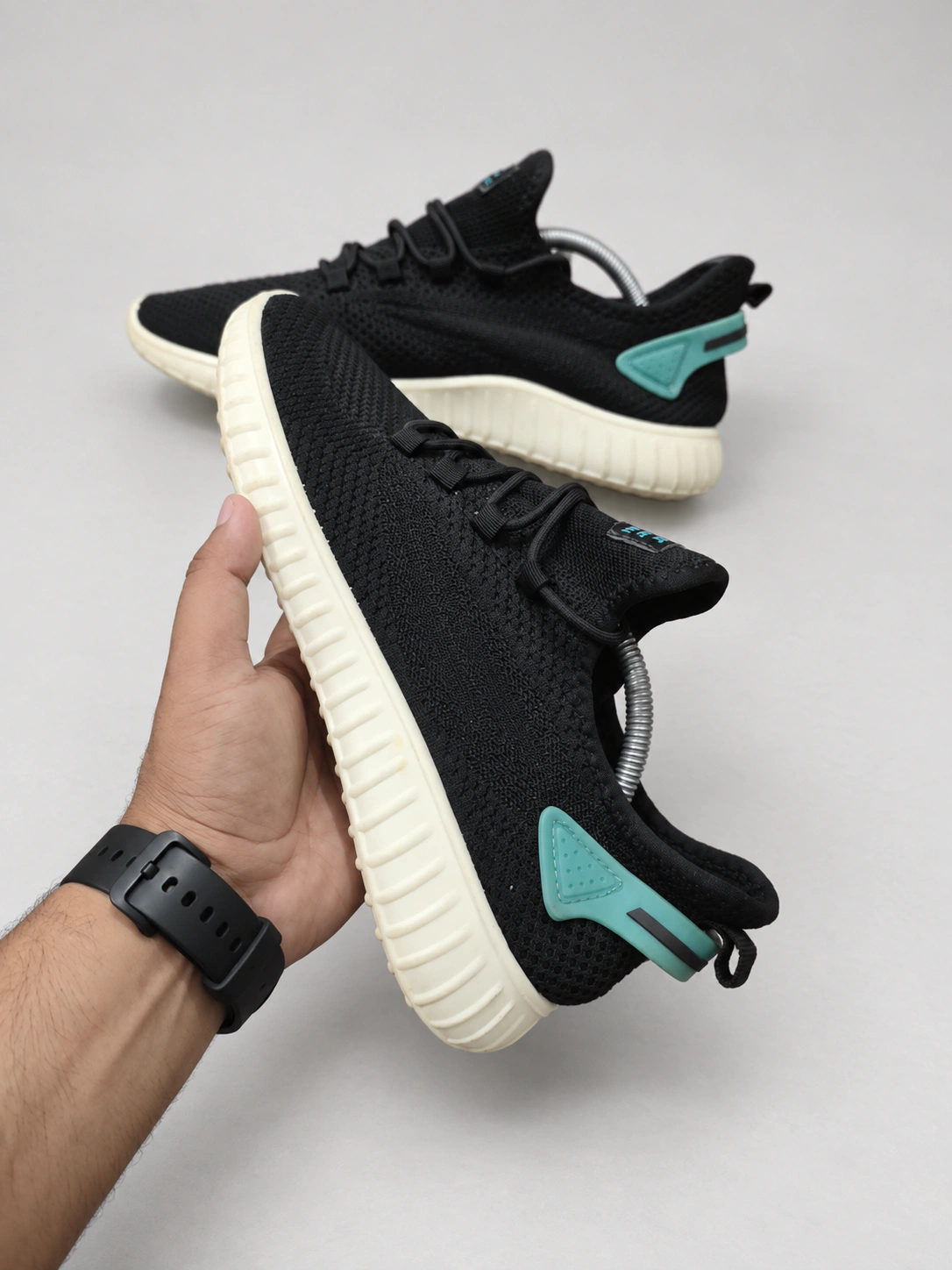 Black Knit Sneakers with Teal Heel Accents image 1